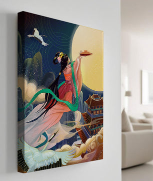 Oriental Fantasy Scene with Woman Offering Gift to the Moon