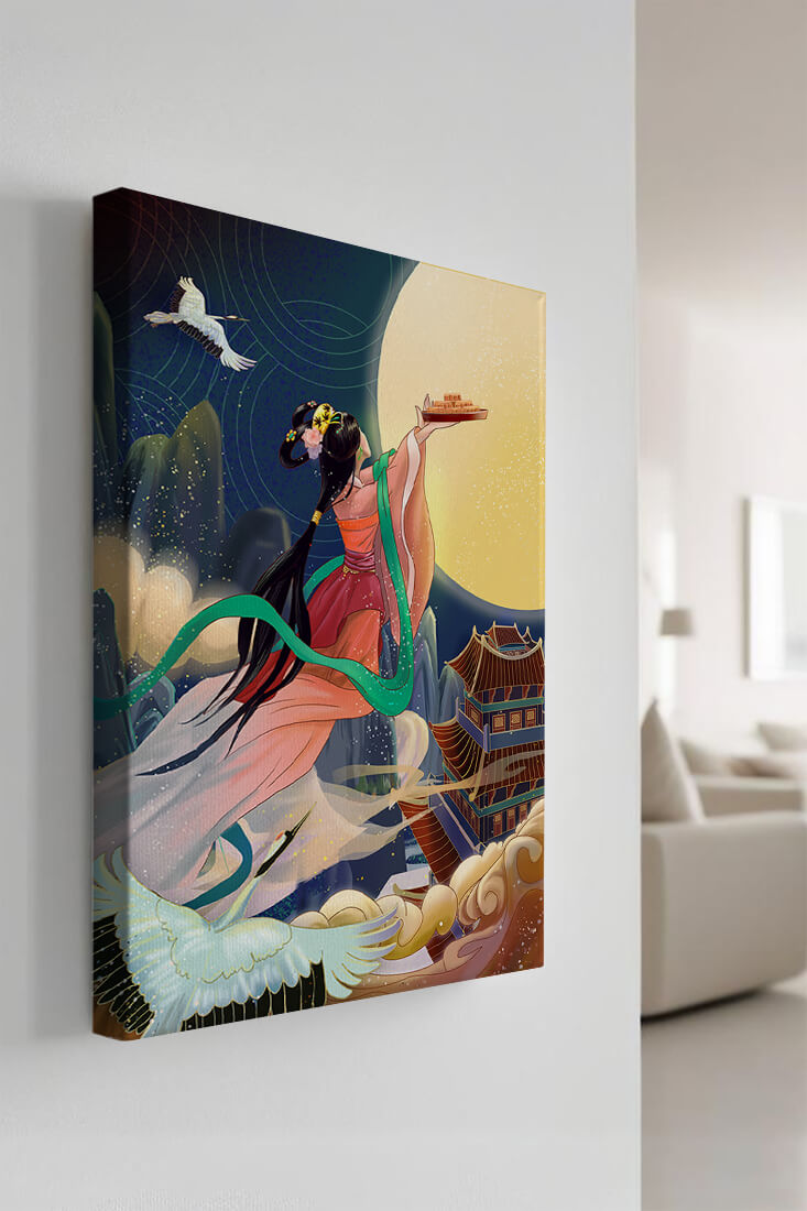 Oriental Fantasy Scene with Woman Offering Gift to the Moon