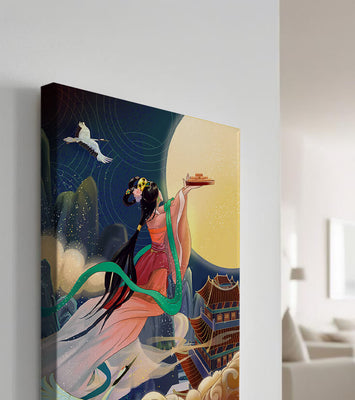 Oriental Fantasy Scene with Woman Offering Gift to the Moon