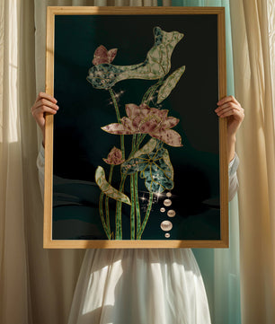 Floral Lotus Design with Gold Accents and Dew Drops
