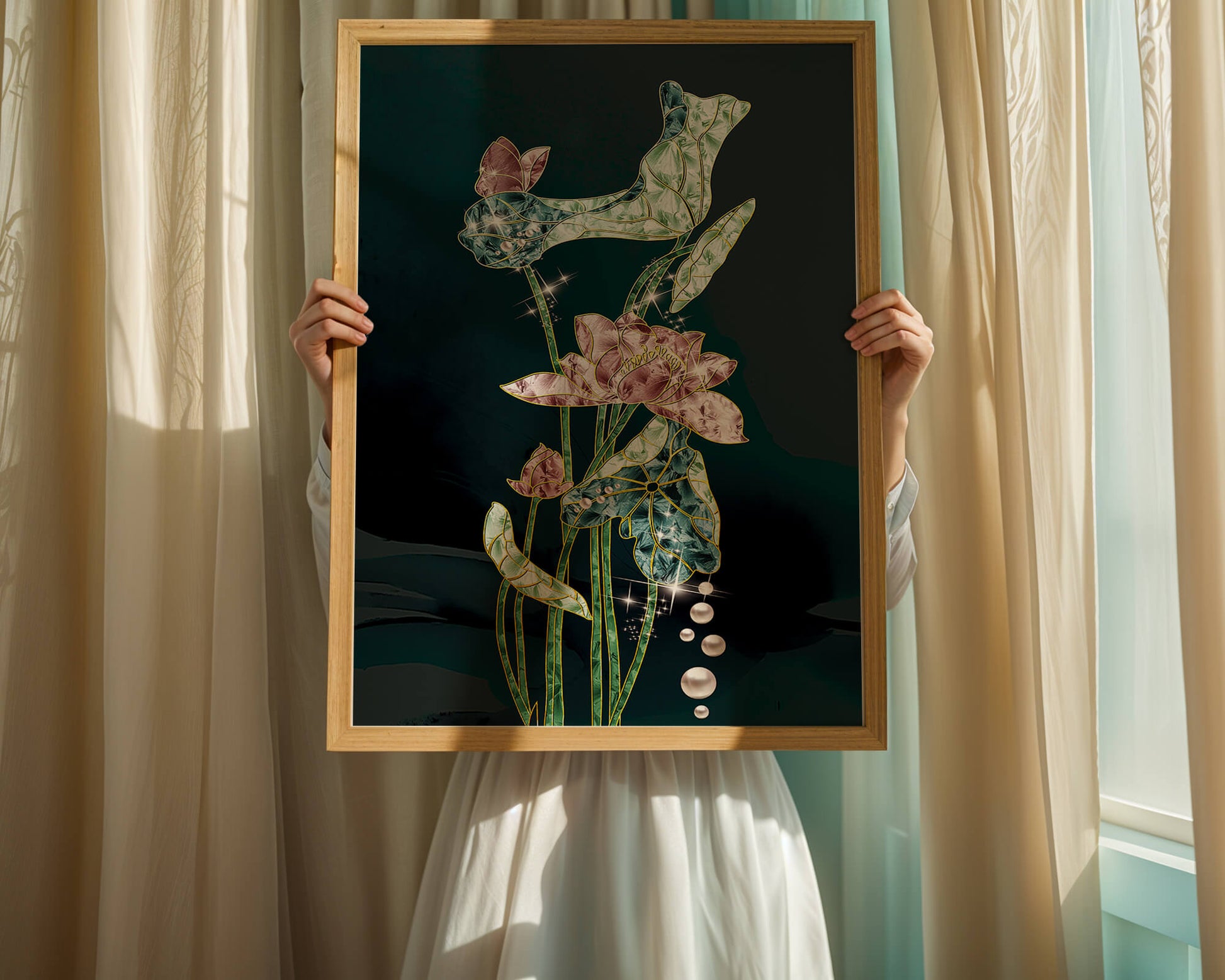 Floral Lotus Design with Gold Accents and Dew Drops