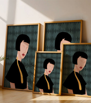 Elegant woman with short hair and golden earring on patterned background