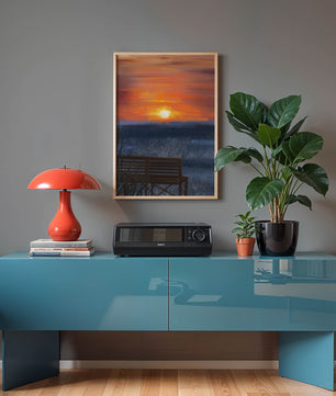 Serene Sunset Overlooking the Ocean with a Wooden Bench