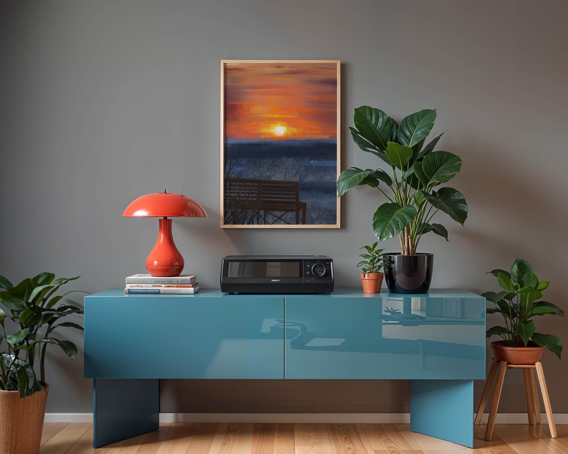 Serene Sunset Overlooking the Ocean with a Wooden Bench