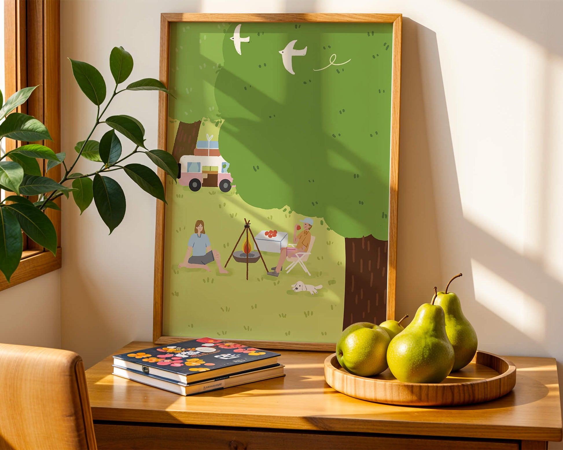 Relaxing Picnic Scene in a Bright Green Park with People, Dog, and Birds