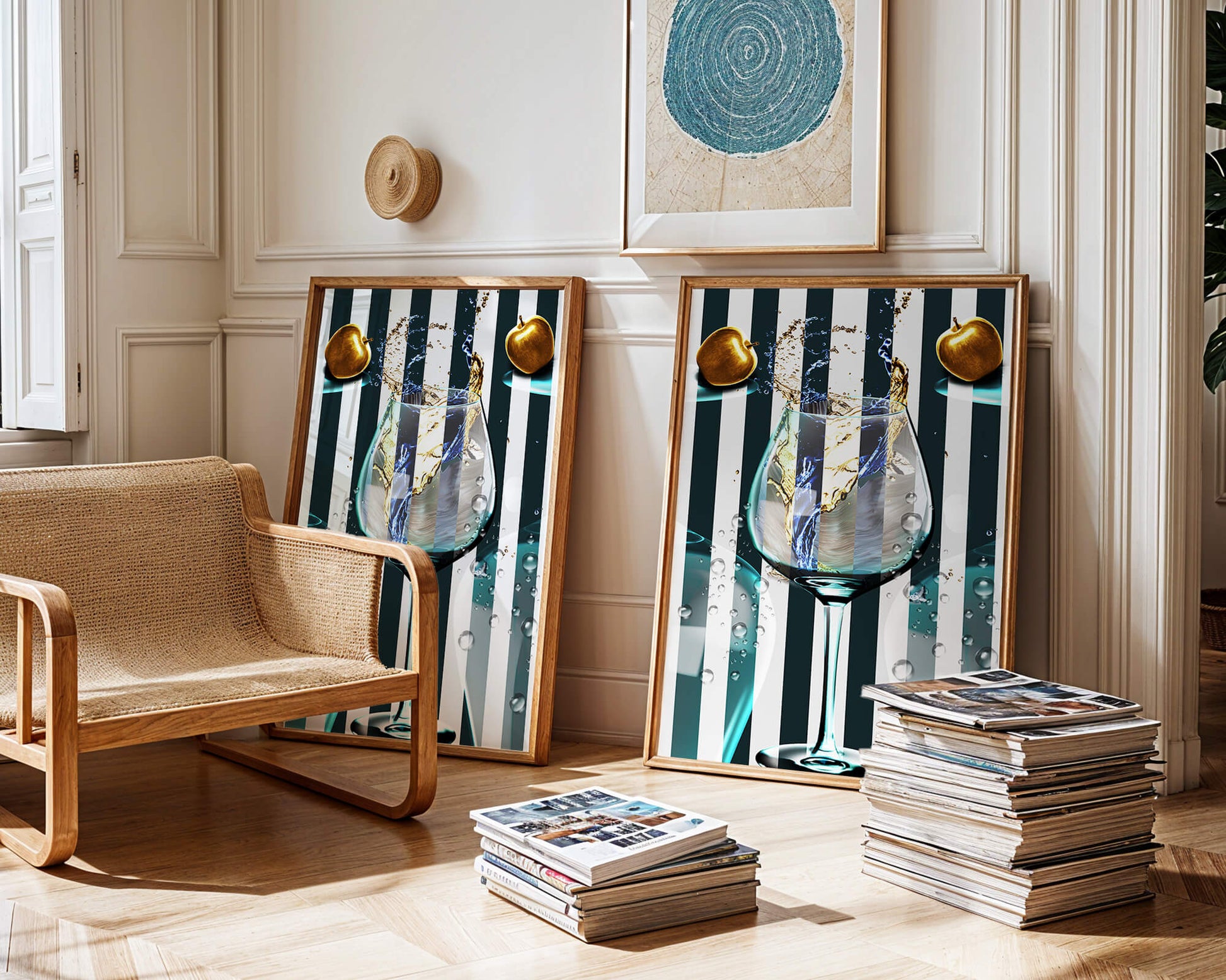 Elegant Glass of Champagne with Golden Apples and Striped Background
