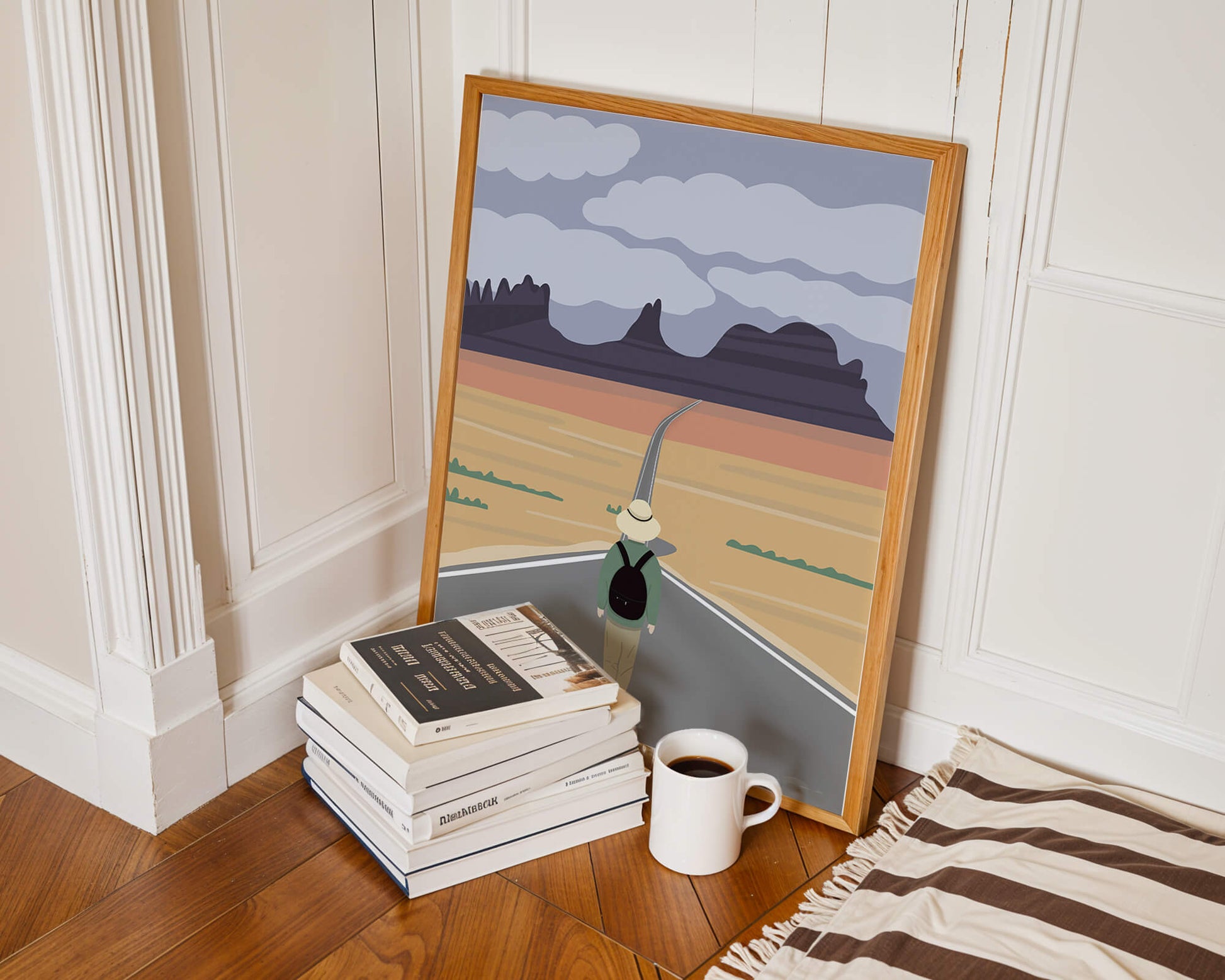 Traveler Walking on Endless Road Toward Mountains