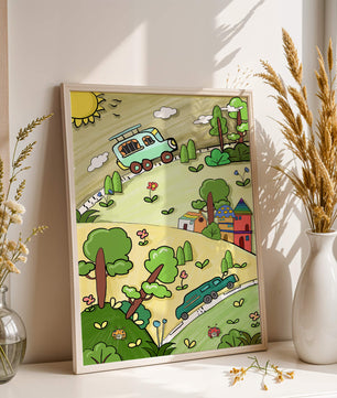 Whimsical landscape with houses, cars, and colorful flora