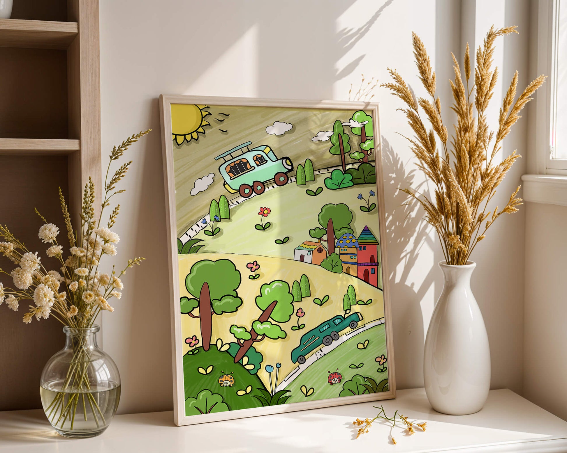 Whimsical landscape with houses, cars, and colorful flora