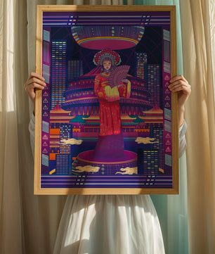 Futuristic Asian Inspired Artwork with Neon Colors and Geisha in Traditional Attire