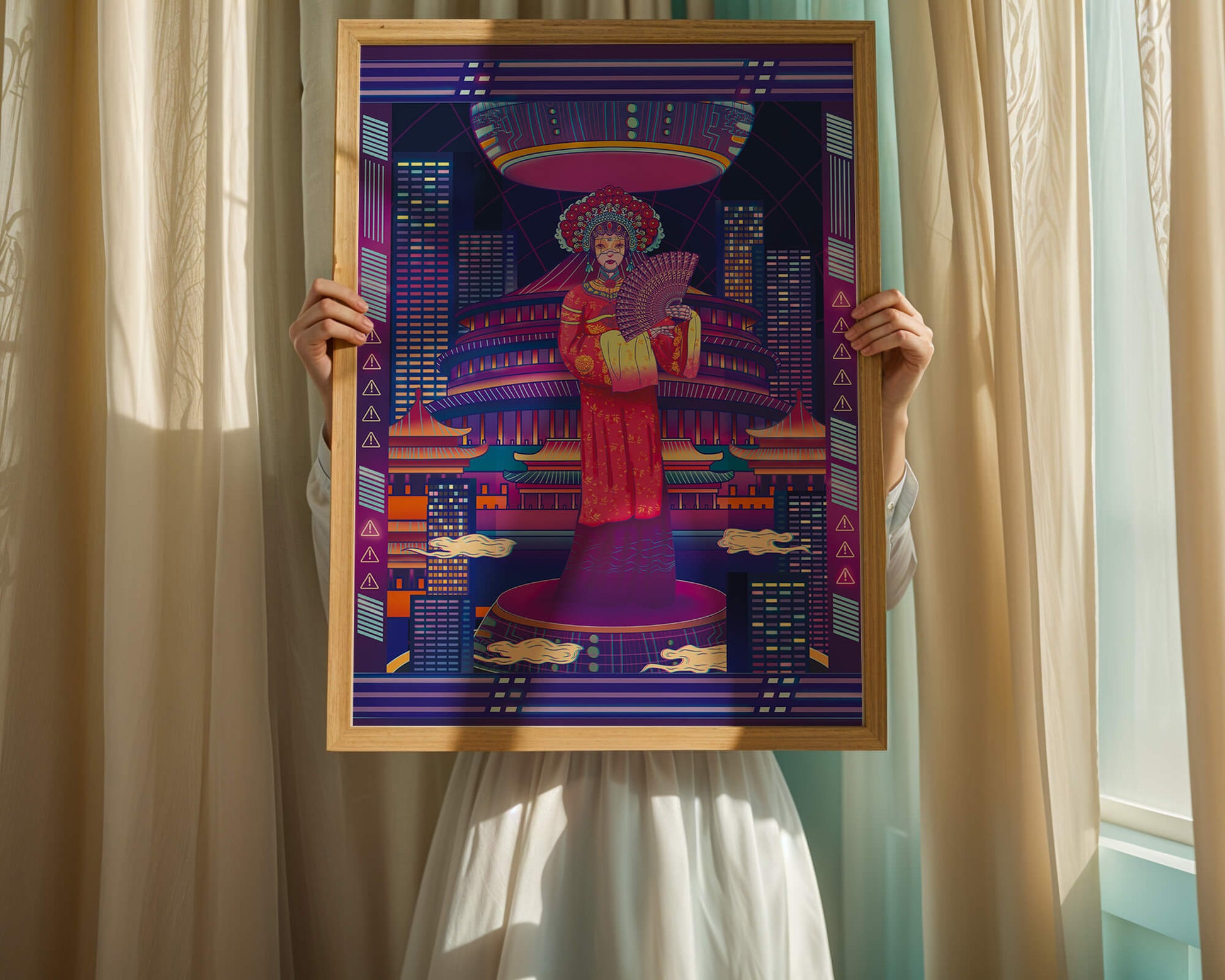 Futuristic Asian Inspired Artwork with Neon Colors and Geisha in Traditional Attire