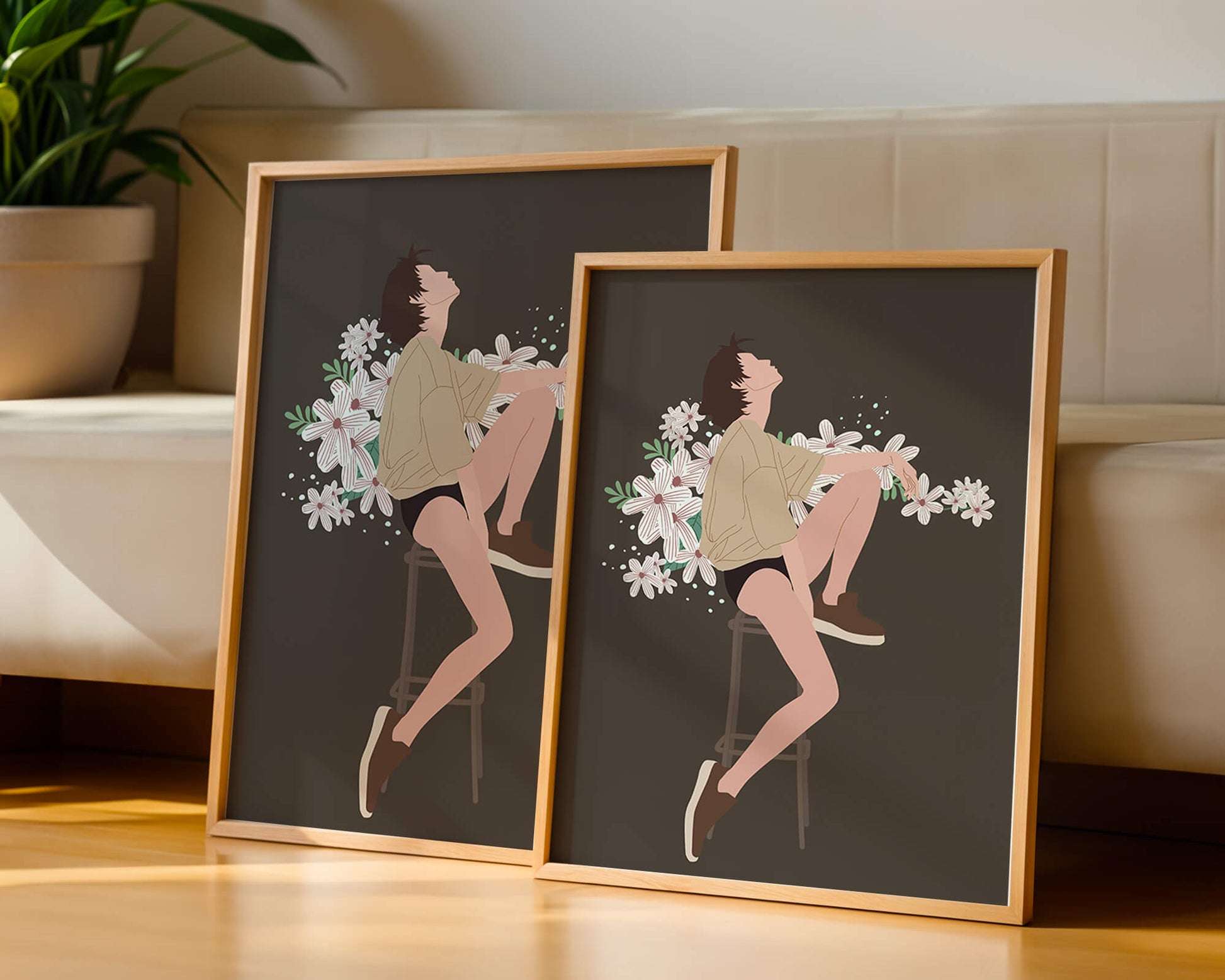 Illustration of a woman sitting on a stool surrounded by flowers
