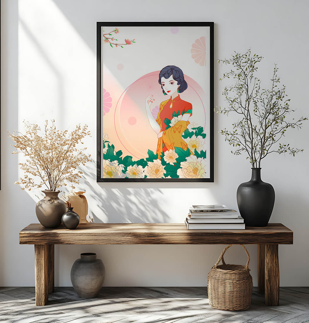 Elegant Woman in Traditional Asian Dress with Floral Background - Mi tienda