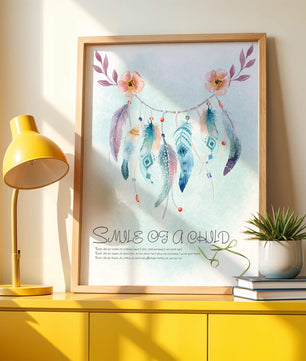 Whimsical dreamcatcher with feathers and flowers in a pastel watercolor style