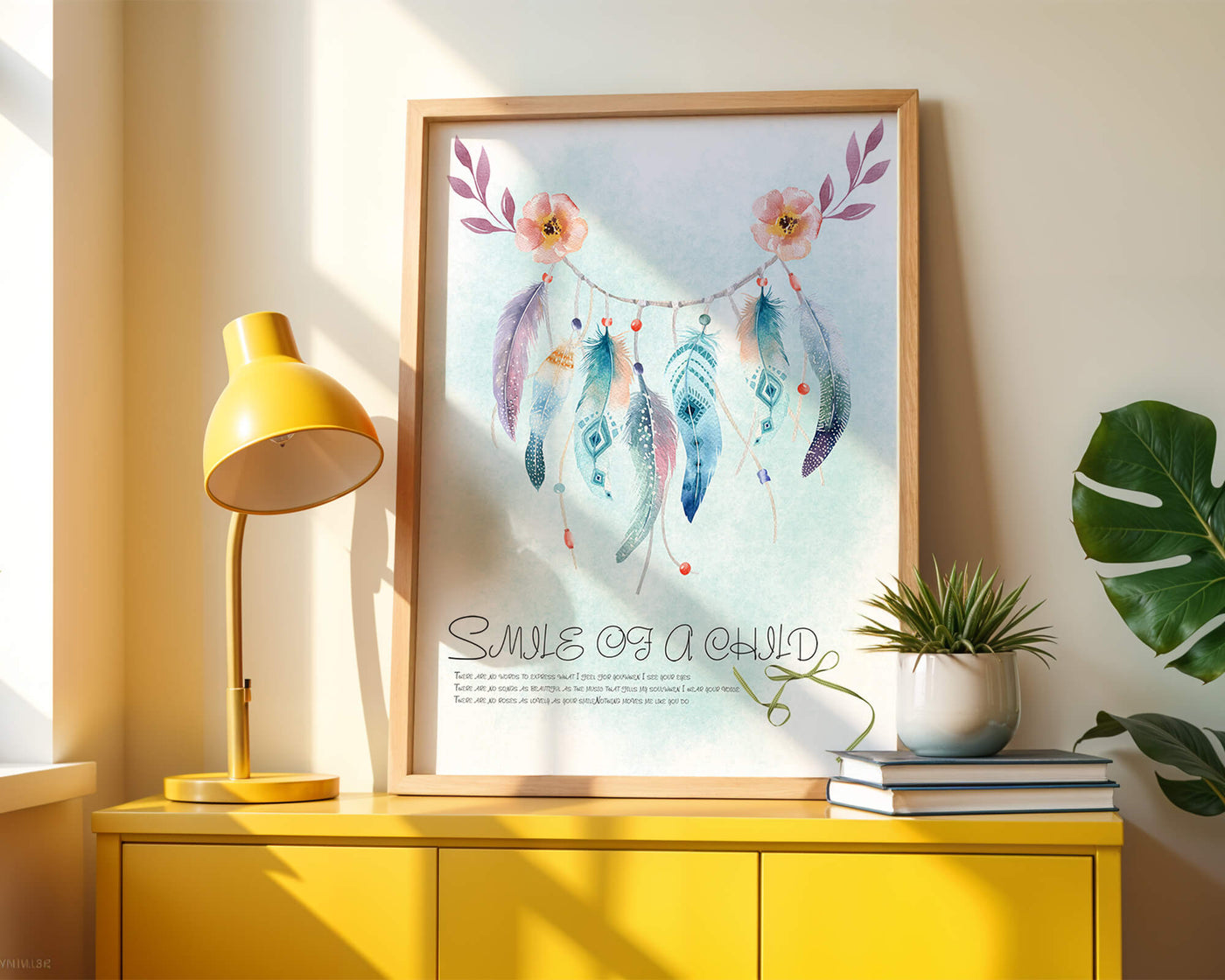 Whimsical dreamcatcher with feathers and flowers in a pastel watercolor style