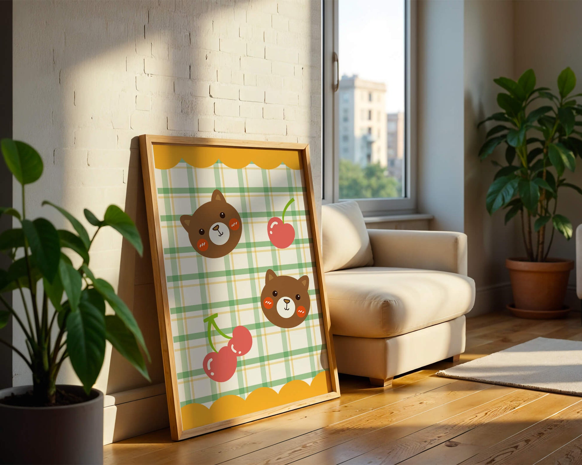 Playful bear and cherry pattern with plaid background