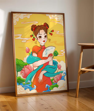 Ilustración oriental que presenta a una chica con atuendo tradicional, un abanico y flores de loto