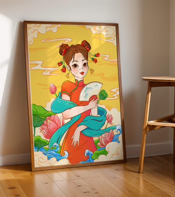 Oriental illustration featuring a girl in traditional attire with a fan and lotus flowers