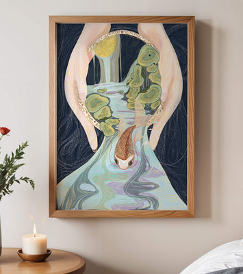 Serene hand-held koi pond illustration with cascading water and lily pads