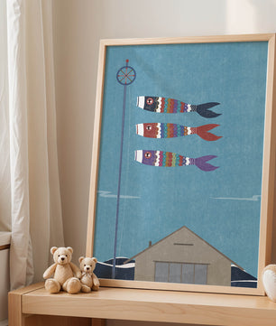 Colorful Koi Nobori Fish Flags Against Blue Sky