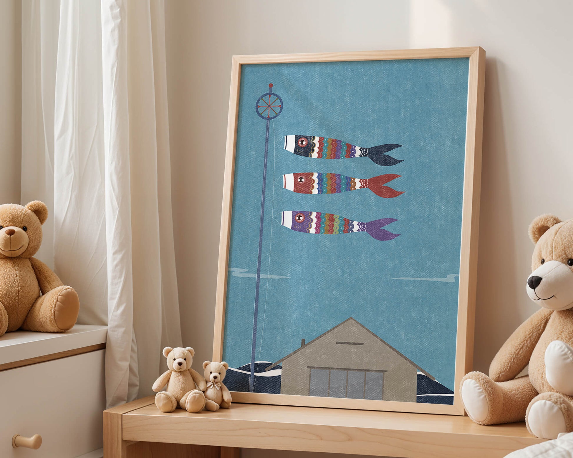 Colorful Koi Nobori Fish Flags Against Blue Sky