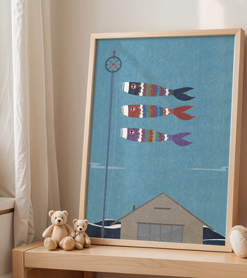 Colorful Koi Nobori Fish Flags Against Blue Sky