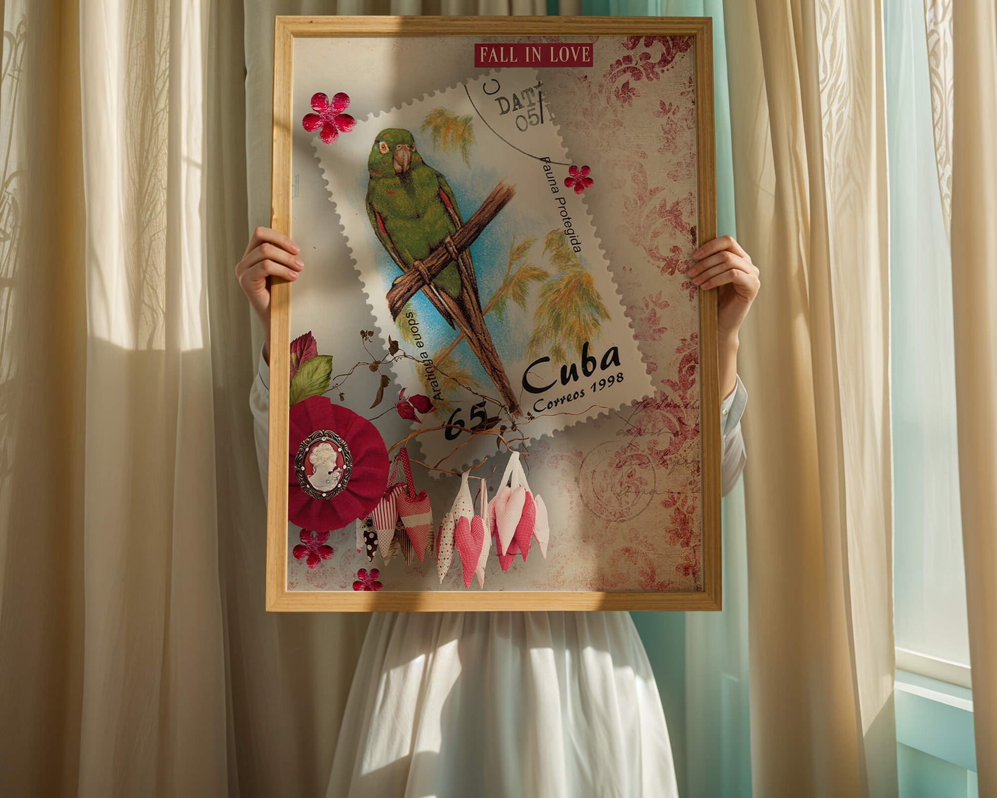 Vintage Cuban parrot stamp with romantic decorations