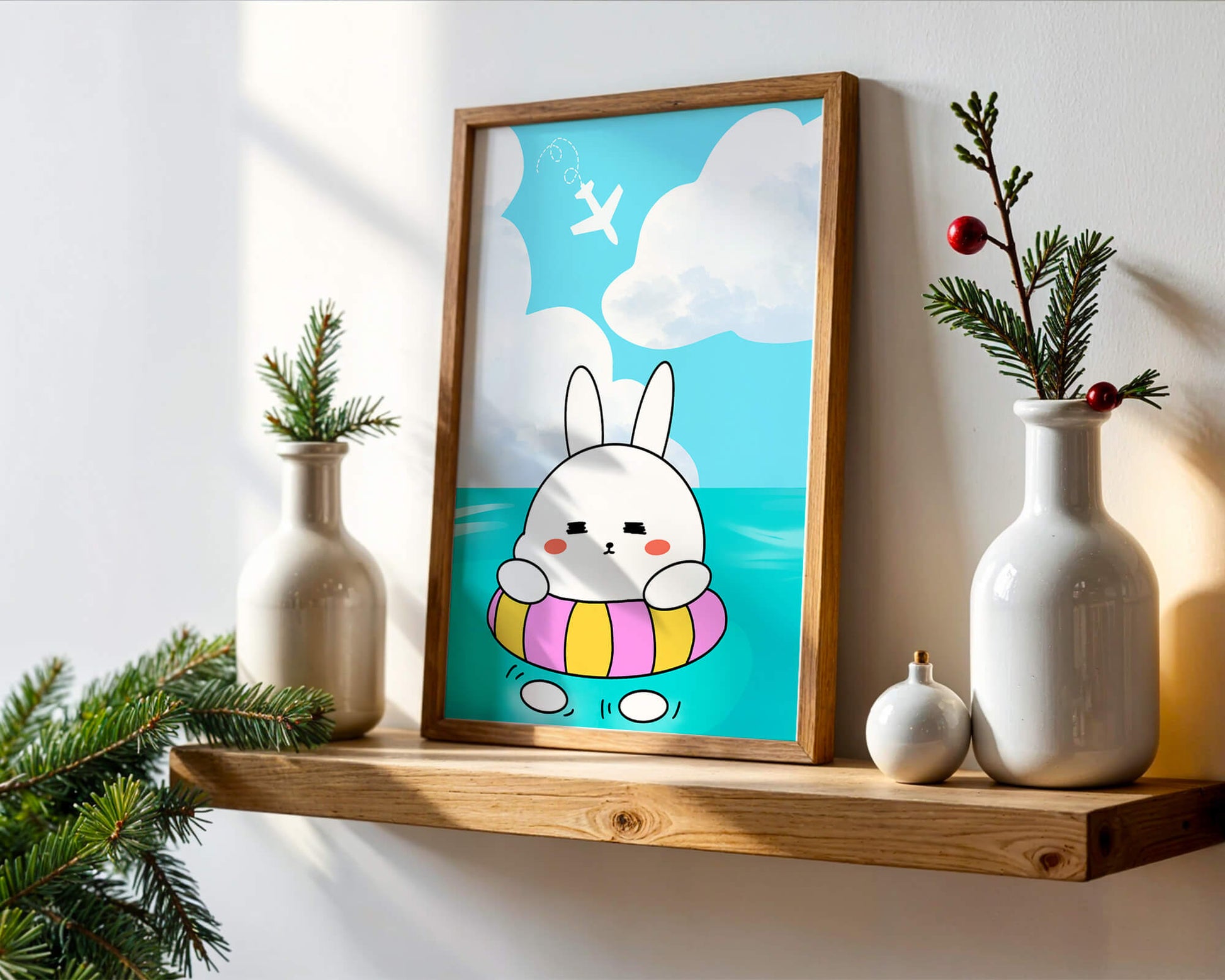 Illustration of a cute bunny floating on a colorful inflatable in a blue ocean under a bright sky with an airplane