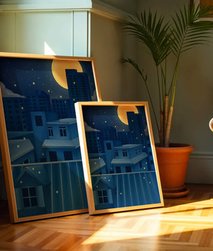 Night Urban Skyline Under a Starry Sky with Bright Full Moon