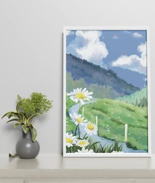 Meadow with Daisies Under Bright Blue Sky