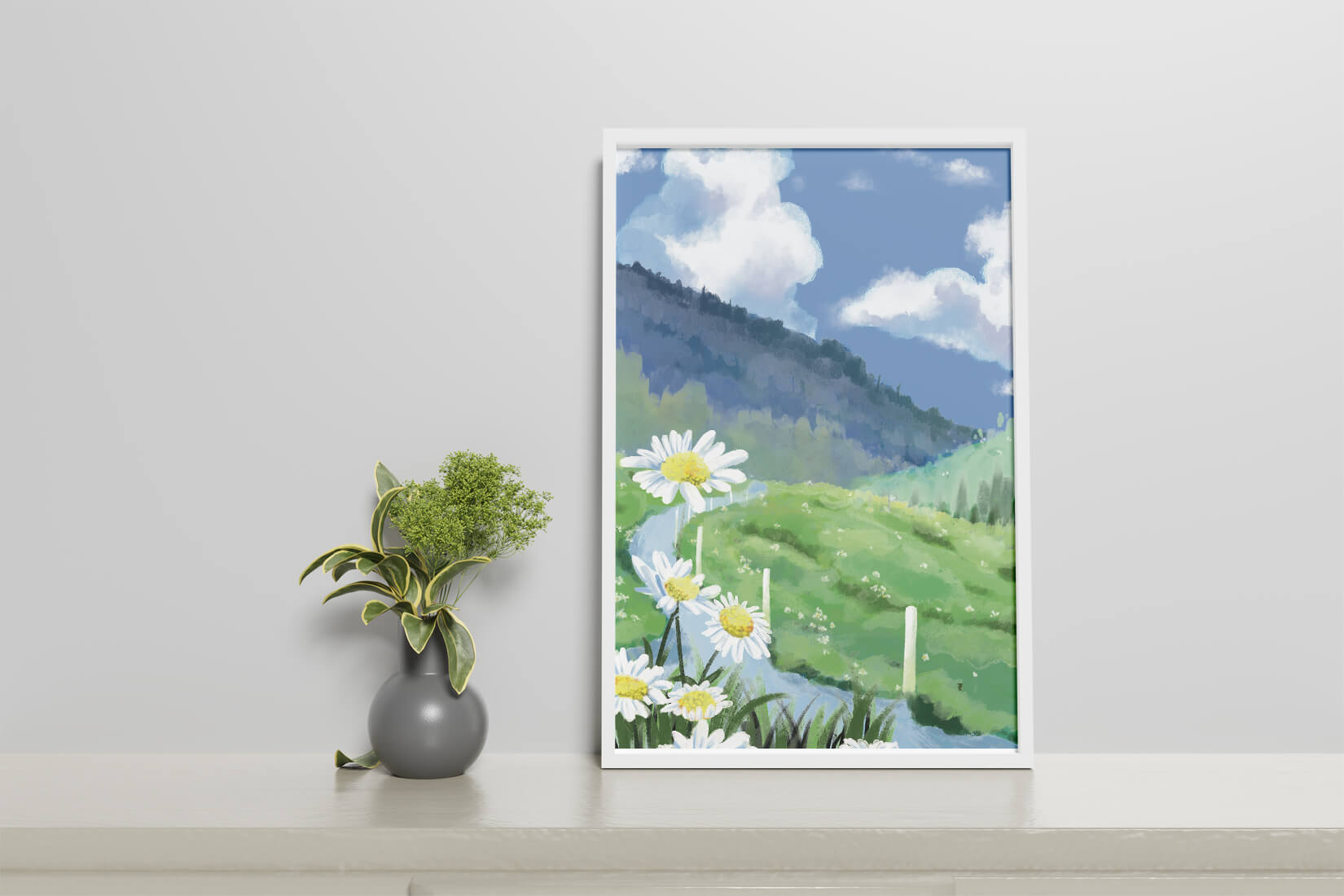 Meadow with Daisies Under Bright Blue Sky