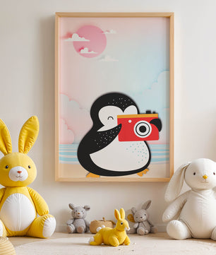 Whimsical penguin illustration with a camera on a pastel beach