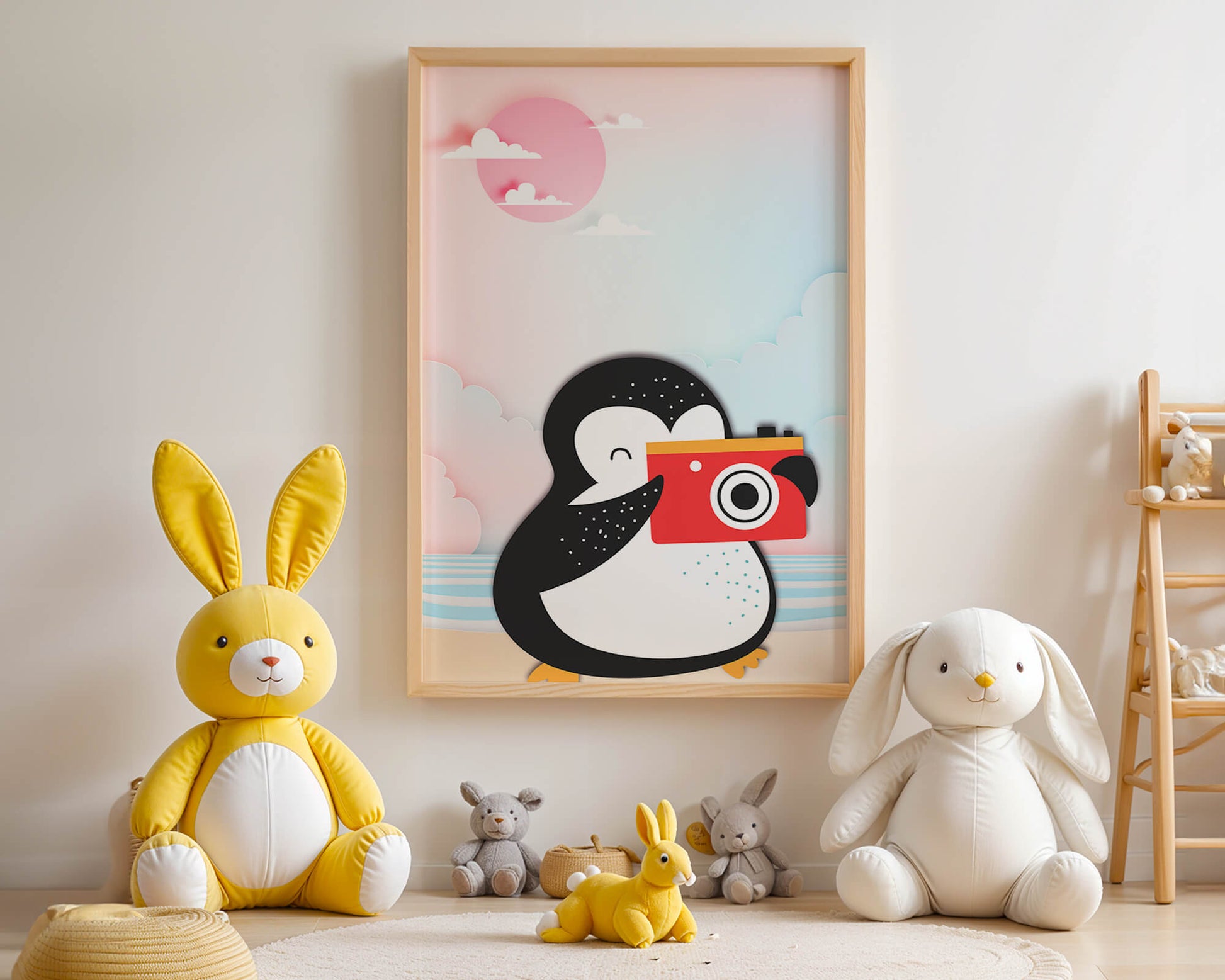 Whimsical penguin illustration with a camera on a pastel beach