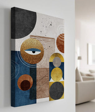 Obra de arte geométrica abstracta con elementos dorados y azules