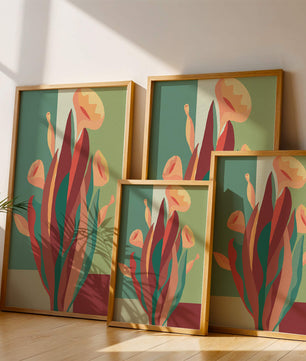 Abstract floral illustration with bold colors and geometric background