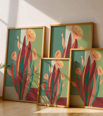 Abstract floral illustration with bold colors and geometric background