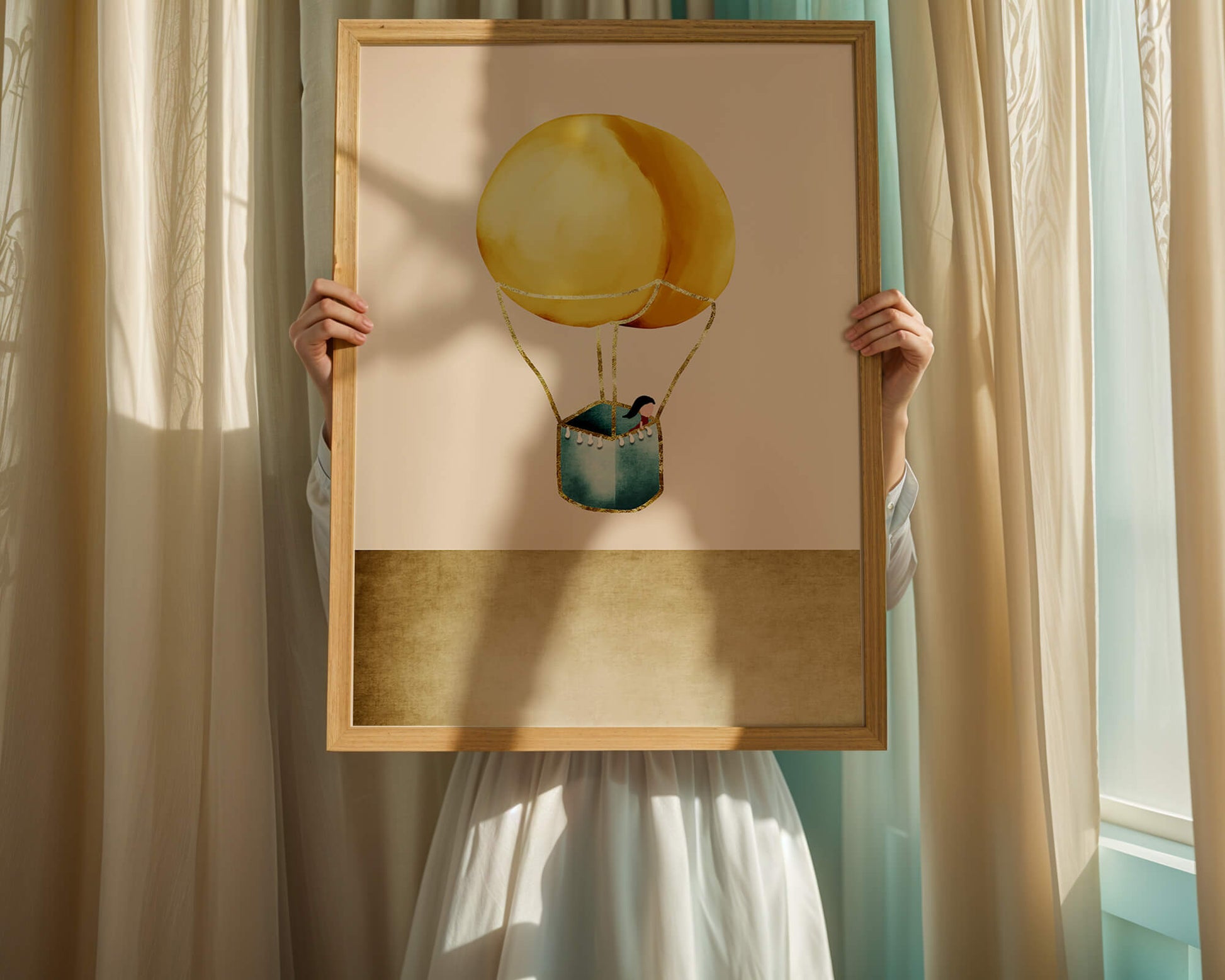 Charming Hot Air Balloon Illustration with Golden Accents