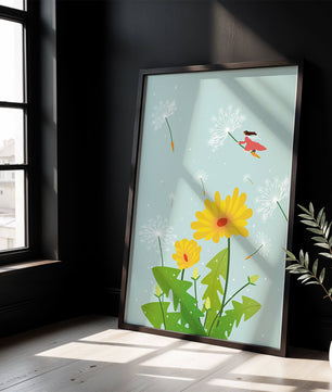 Whimsical illustration of a girl flying with dandelions in a colorful floral scene