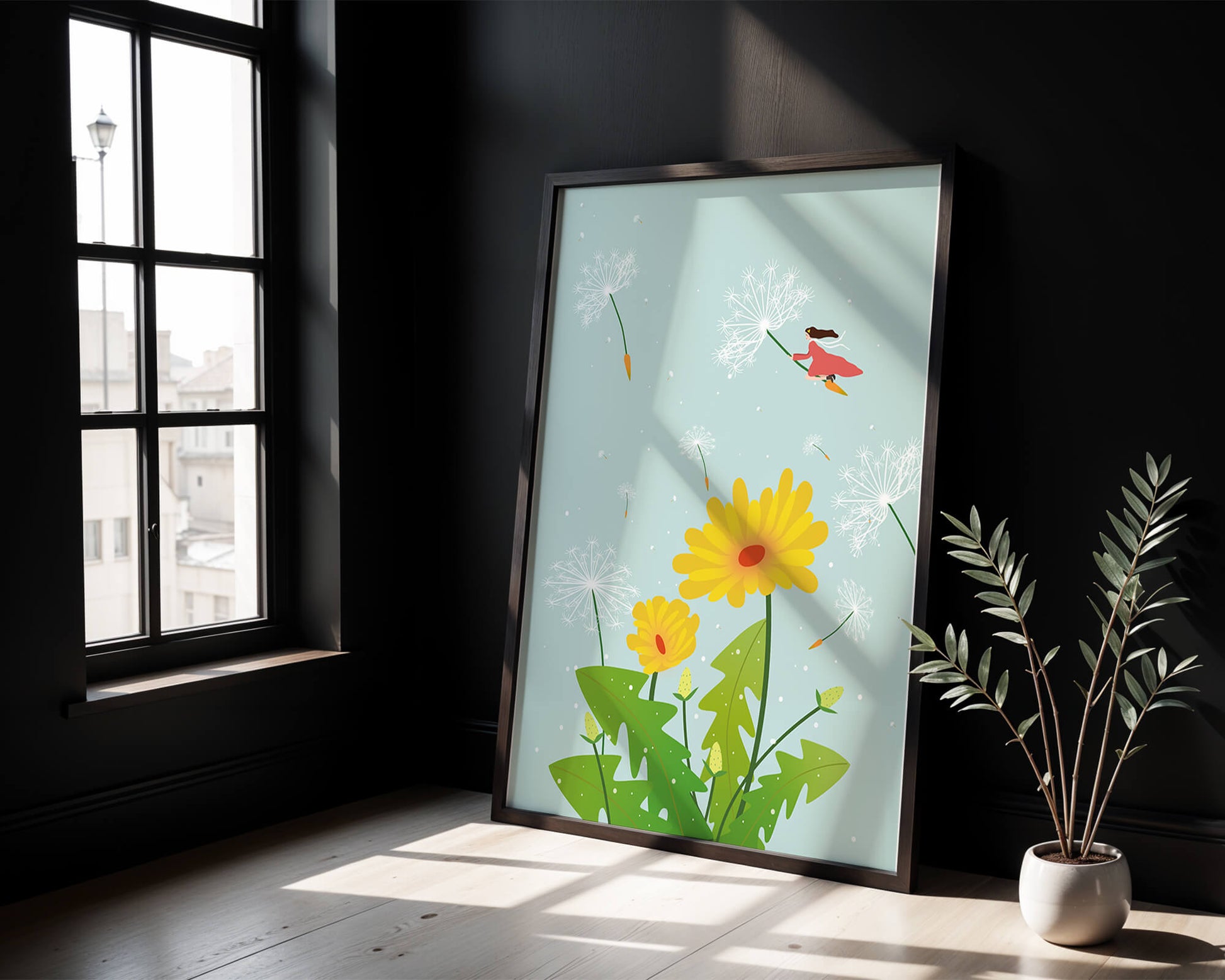 Whimsical illustration of a girl flying with dandelions in a colorful floral scene