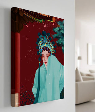 Traditional Asian art with elegant woman in traditional attire