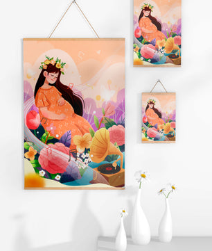 Femme dans la nature avec des fleurs et des notes de musique