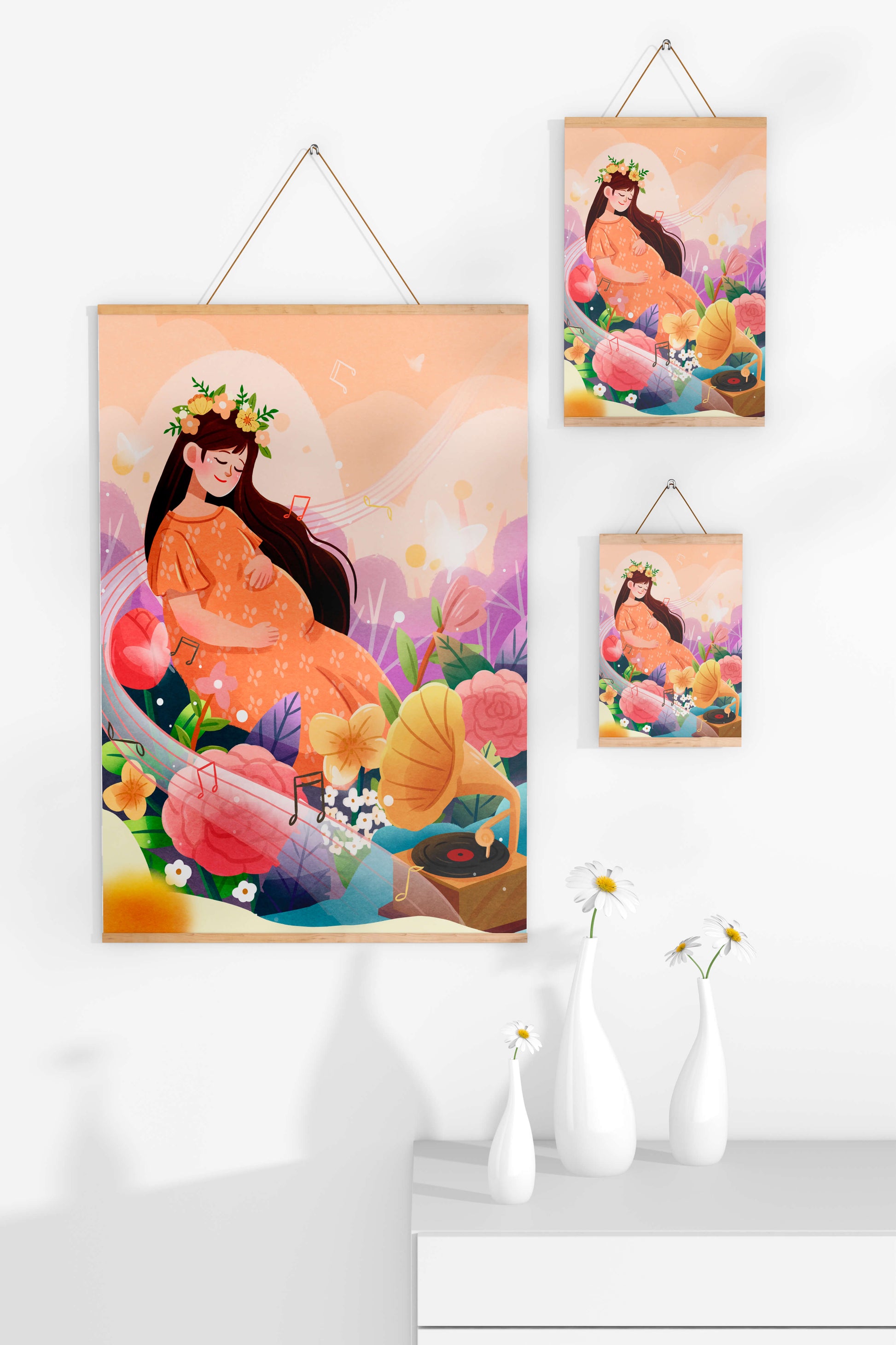 Woman in nature with flowers and musical notes