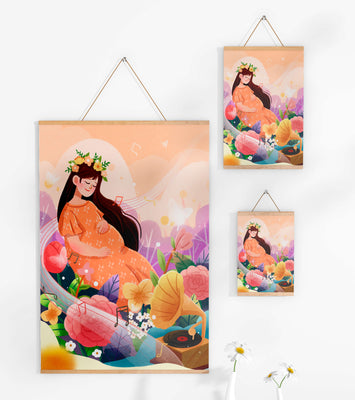 Woman in nature with flowers and musical notes