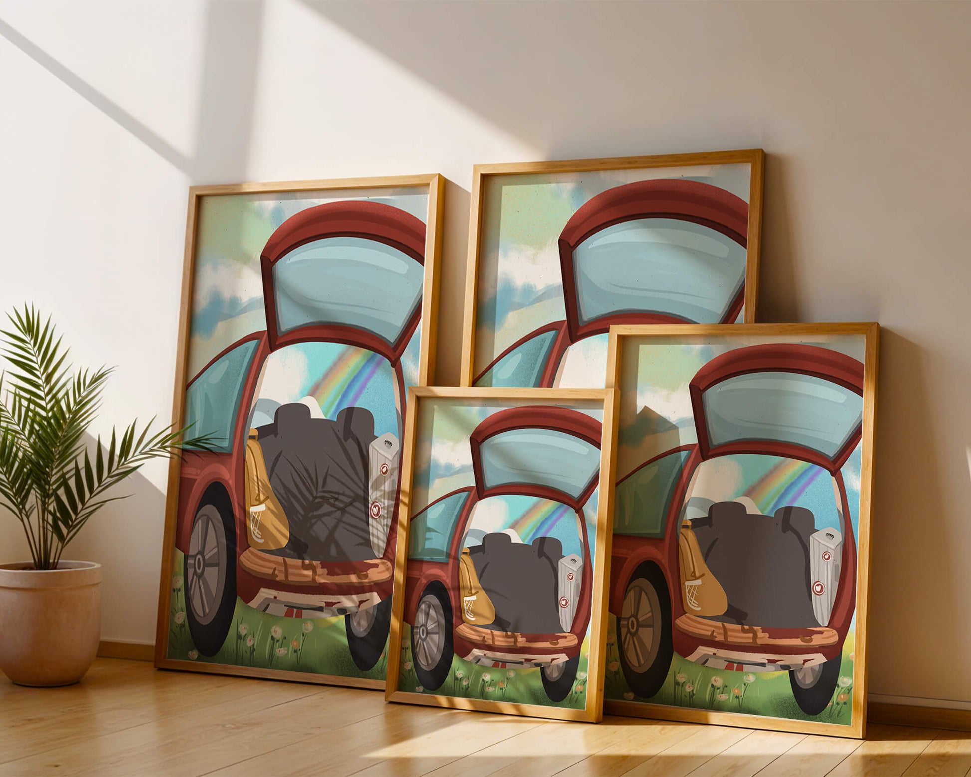 Car Trunk with Picnic Items and Rainbow in Background