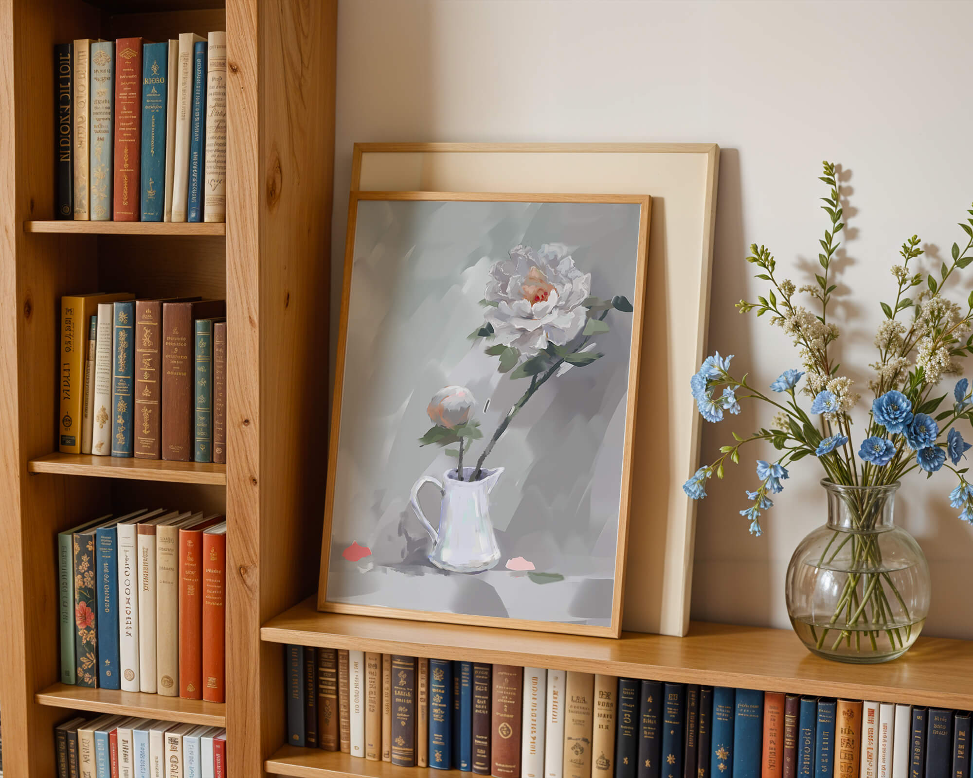 Elegant white peonies in a ceramic jug with soft pastel background