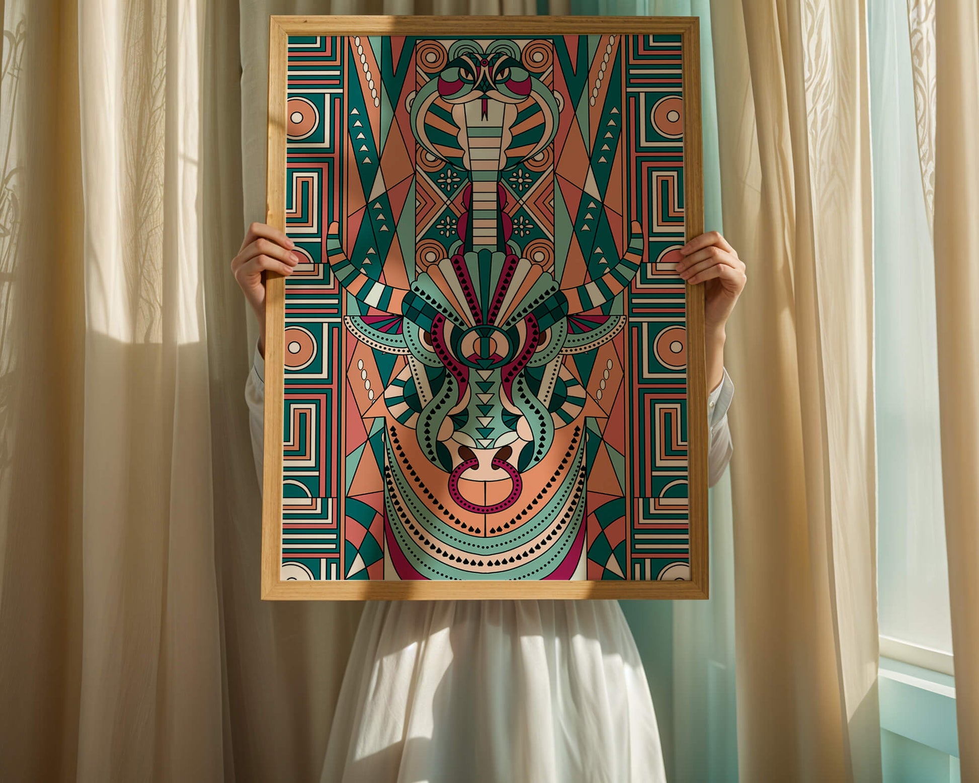 Patrón geométrico de animales con toro y cobra en colores vibrantes