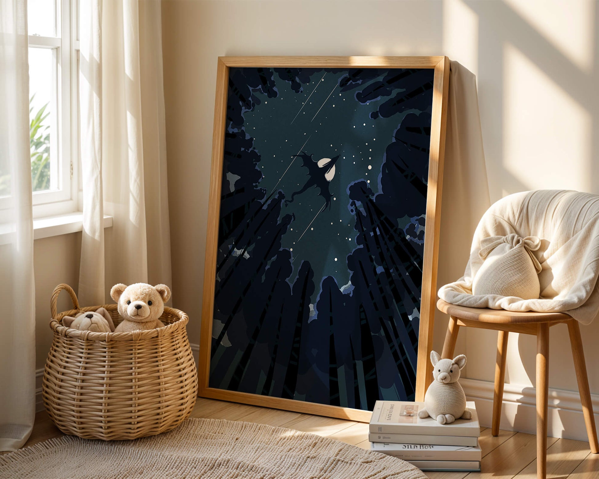 Dragon flying through starry night sky above dark forest