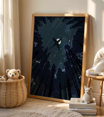 Dragon flying through starry night sky above dark forest