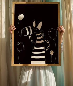 Cebra juguetona con globos en arte minimalista en blanco y negro