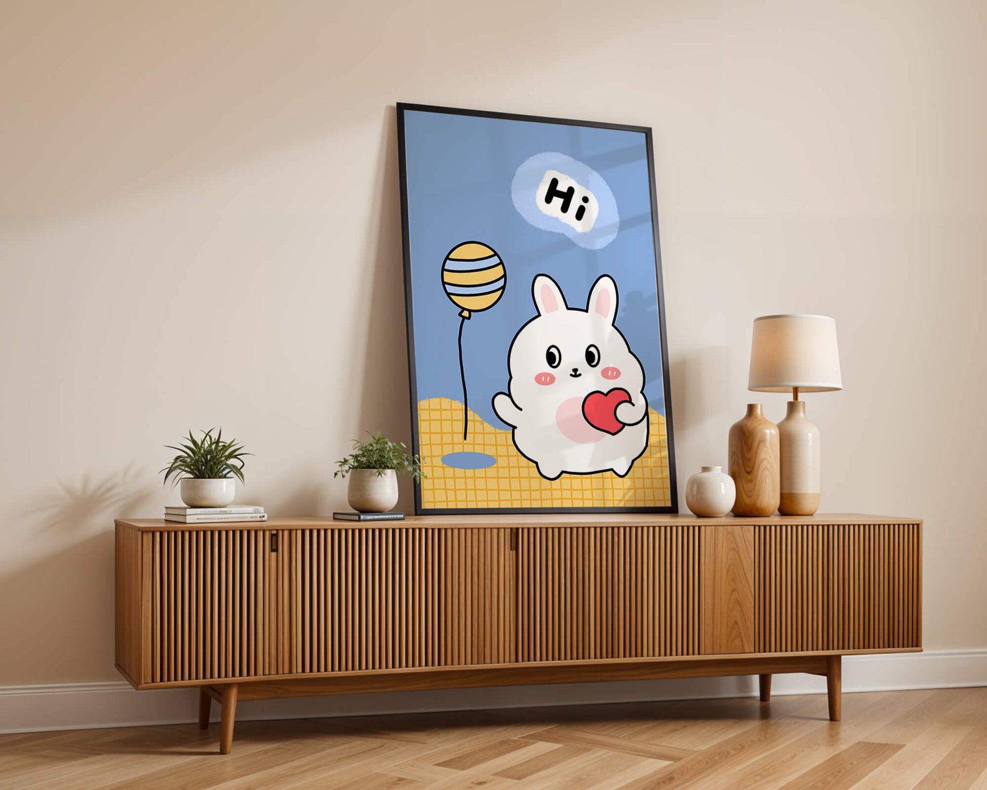Adorable cartoon bunny with balloon and heart illustration